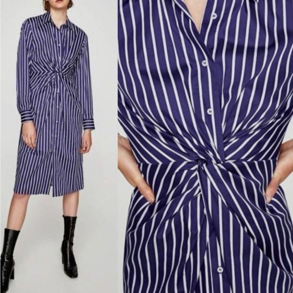 ZARA blue and white stripped button down dress SIZE: SMALL - Picture 2 of 8
